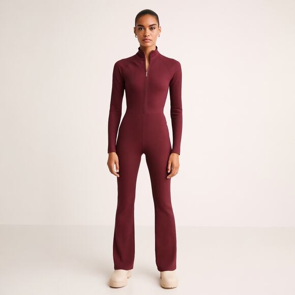 Athleta Alicia Keys Goddess Red Rib Long Sleeve Zip Up Bodysuit Jumpsuit XXS - Picture 2 of 11